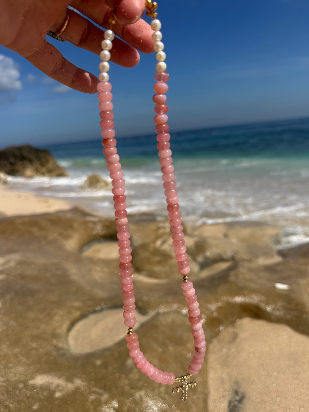 Strawberry 🍓 Quartz Pink Beaded Necklace with Gold CZ Cross Charm